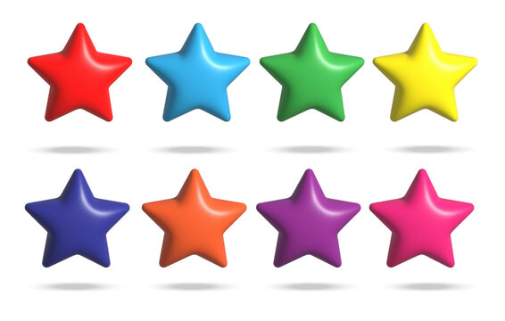 3D Star .Sparkle stars set. Realistic vector colorful star symbols.Glossy colorful stars collection isolated on white background