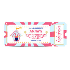 Birthday party invitation ticket in the style of a pink circus.  Vector