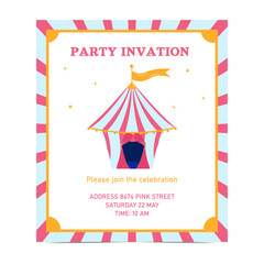 Birthday party invitation in the style of a pink circus. Party. Vector