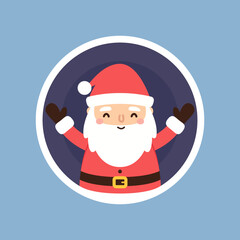 Cartoon Christmas illustrations isolated on pastel. Funny happy Santa Claus character with gift, bag with presents, waving and greeting. For Christmas cards, banners.