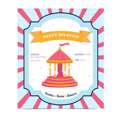 Birthday party invitation in the style of a pink circus with a carousel. Party.