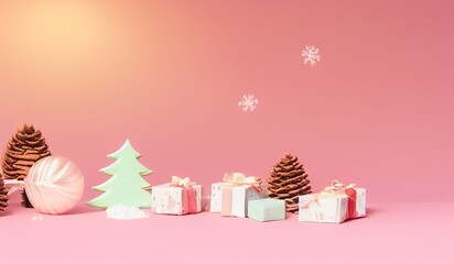 AI-generated Image Of A Pastel Christmas Background With Ornaments, Fir Branches And Cones