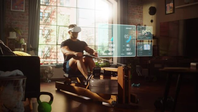 Virtual Reality Metaverse Futuristic Home Gym: Man Exercising on Row Machine Wearing Virtual Reality Headset, Infographics Show Health Care Statistics and Graphs. Sportsman Using VR Workout Service
