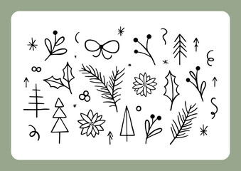 Hand drawn Christmas collection with floral elements isolated on white. Christmas trees, branches, berries, leaves, decorative elements. Festive outline vector illustration. New Year celebration set