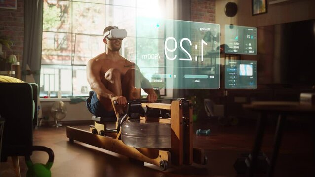 Virtual Reality Metaverse Futuristic Home Gym: Man Exercising on Row Machine Wearing Virtual Reality Headset, Infographics Show Health Care Statistics and Graphs. Sportsman Using VR Workout Service