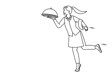 Smiling waitress in uniform bringing dish to client in restaurant. Happy female server with meal working in cafe. Good service concept. Vector illustration. 