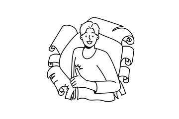 Smiling young man look from paper hole show thumb up. Happy guy recommend good service or offer. Client feedback and recommendation. Vector illustration. 