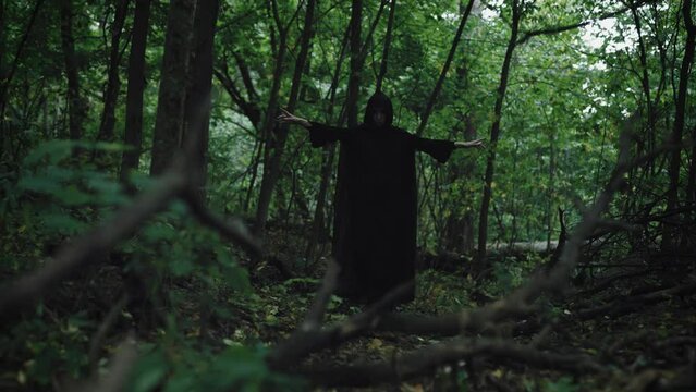 A mysterious black hooded figure practices witchcraft and black magic in a mysterious forest. A witch from the piercing, causes ancient curses.