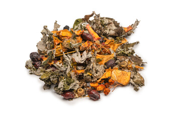 Dry tea leaves and dry fruit isolated on white background.
