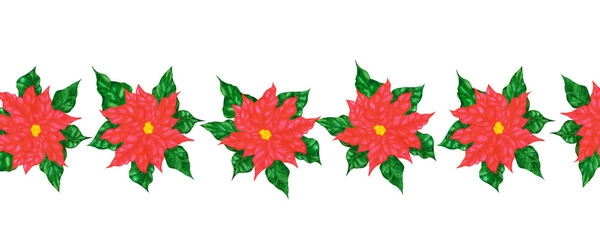 Hand drawn watercolor poinsettia banner. Christmass and New Year symbol, decorative element. Scrapbook, poster, label, banner, post card.