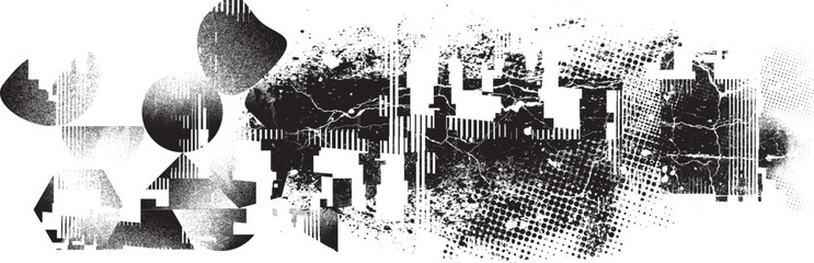 Glitch distorted grungy shape . Noised grange texture. Textured and glitched shapes .Grunge texture. Screen print and noise effect .Vector overlay background with a halftone dots screen print texture.
