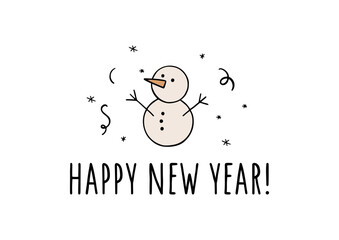 Happy New Year illustration with cute snowman and festive elements. Hand drawn vector Christmas banner or template for holiday design, prints and posters. New Year festive greetings