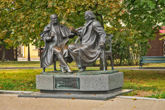 Monument to Vintsent Dunin-Martsinkyevich and Stanislaw Moniuszko at Freedom square in Minsk. Belarus
