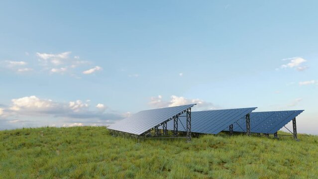 Solar panels in grassy field. 3D animation loop render