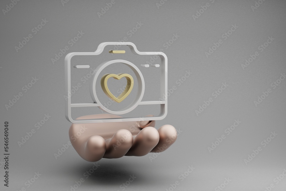 Aufkleber Beautiful abstract illustrations Golden Hand Holding Digital Camera with heart symbol icon on a gray background. 3d rendering illustration. Background pattern for design. Wedding day.