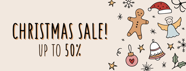 Christmas sale cartoon vector banner with hand drawn gingerbread men, festive toys, angel, stars and snowflakes. Cheerful promotion poster or banner. Flat vector illustration with Big Christmas sale