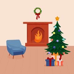 A Living Room Decorated For Christmas And New Year. A green Christmas tree with gifts, a fireplace And Garlands, an armchair, a Christmas wreath.  Vector Illustration