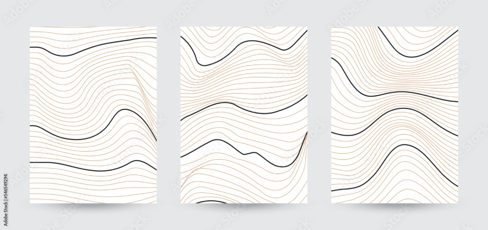 Poster set of three cover design templates with wavy lines. abstract monochrome stripe texture background. 