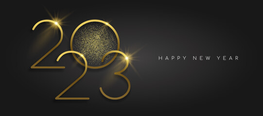 Happy New Year 2023 gold glitter black background illustration card