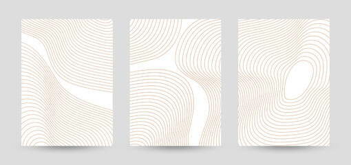 Set of three cover design templates with wavy lines. Abstract monochrome stripe texture background. Minimal topographic line contour map. Vector, 2023
