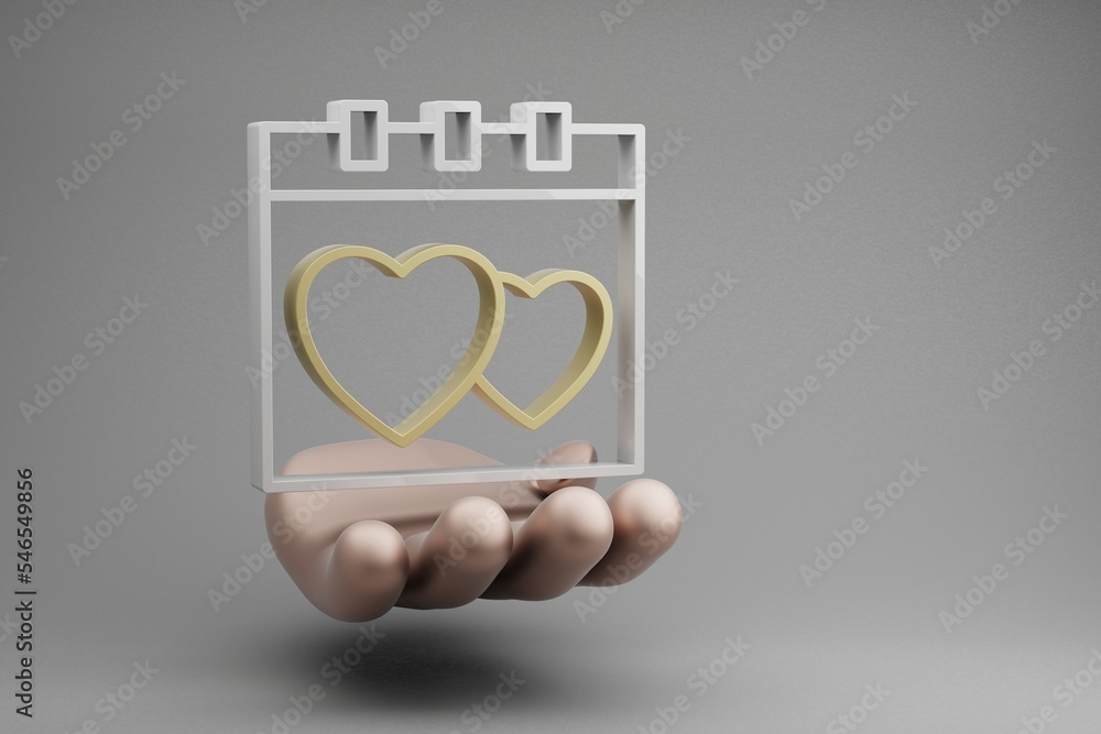 Poster beautiful abstract illustrations golden hand holding wedding date with heart symbol icon on a gray b