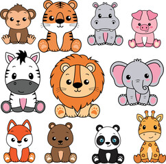 Cute wild animals set including lion, tiger, Hippo, fox, pig, bear, panda, monkey, zebra, and giraffe. Safari jungle animals vector. Woodland animals illustration	