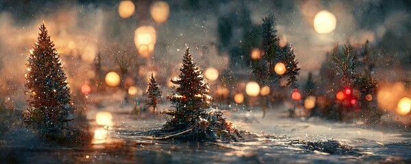 Christmas Tree with Lights in Snow Warm Cozy Atmosphere - Ultrawide, Digital Art, Concept Art