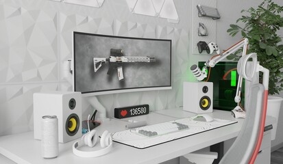 A general view of the comfortable workplace of a professional gamer and cybersprotsman. The interior is in white colors. 3D render. © Aboltin
