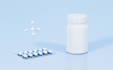 Medicine bottle and molecules in the blue background, 3d rendering.