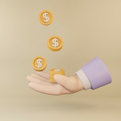 3D hand with gold coin saving money.Investment, profit, bonus and payment concept. 3D render illustrator.
