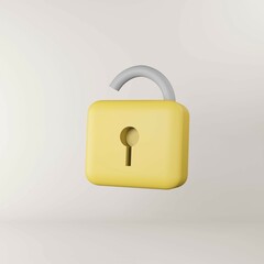 3D yellow padlock unlock icon on white background. Security identity. Cyber security concept. 3D render illustrator.