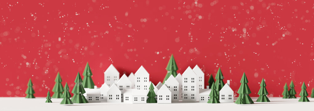 Merry Christmas and happy new year, Christmas city landscape , Pine tree, house, snow fall, on red background. 3d rendering