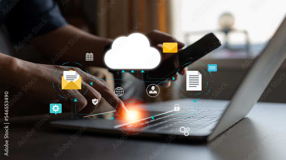 Poster A network of mobile devices and laptops for cloud computing. A database with a company icon is filled with information and data from online devices.