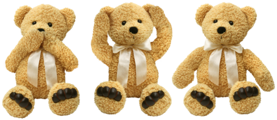 Three teddy bears see hear speak no evil, child abuse and home violence concept, isolated