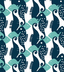 repeat  pattern of seahorse silhouettes on a background. Great for fashion, textiles, surface textures, giftwrap, wallpaper.