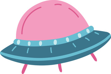 Ufo drawing. Cute color spaceship in hand drawn style