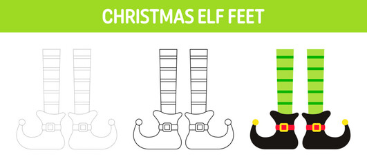 Christmas Elf Feet tracing and coloring worksheet for kids