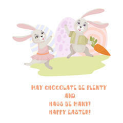 Cute cards for Easter. Hand-drawn design of Spring greeting card. Happy holiday. Spring. Rabbits. Vector illustration.