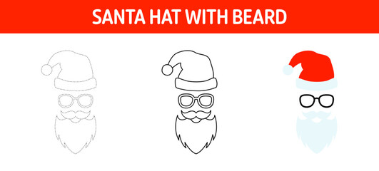 Santa Hat with Beard tracing and coloring worksheet for kids