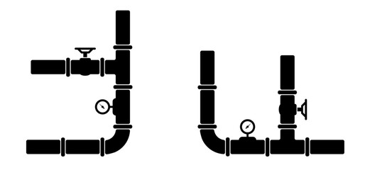 Water, oil or gas pipeline with fittings and valves. Pipeline and black tap, open, close. Globe valve icon or pictogram. Vector pipe fitting symbol. Wastewater or Waste water logo. Distribution.