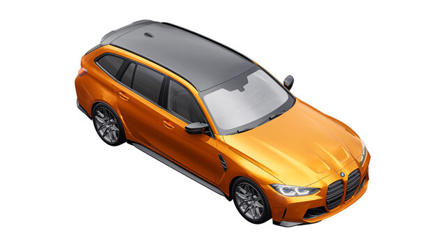 Berlin. Germany. November 16, 2022. BMW M3 Touring 2022. Orange sports wagon for family and adventure. 3d illustration.