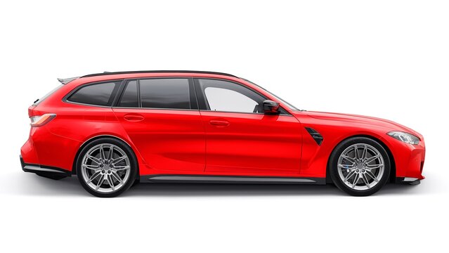 Berlin. Germany. November 16, 2022. BMW M3 Touring 2022. Red sports wagon for family and adventure. 3d illustration.