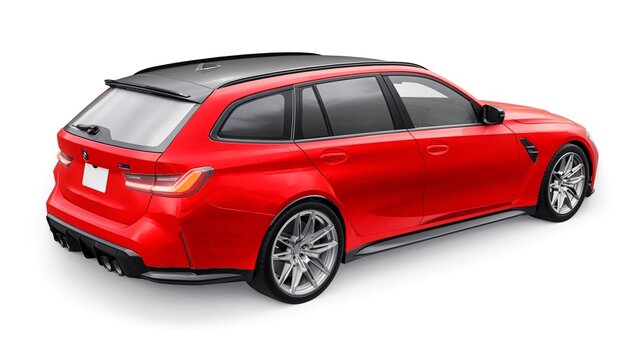 Berlin. Germany. November 16, 2022. BMW M3 Touring 2022. Red sports wagon for family and adventure. 3d illustration.