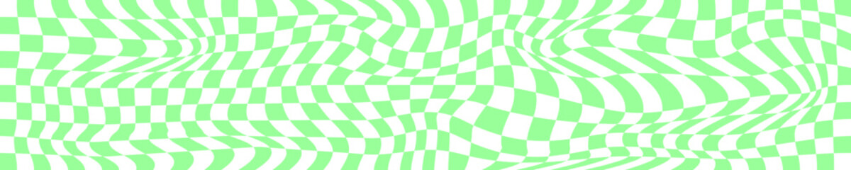 Psychedelic pattern with warped green and white squares. Distorted chess board background. Checkered optical illusion. Crazy geometric design. Trippy checkerboard surface