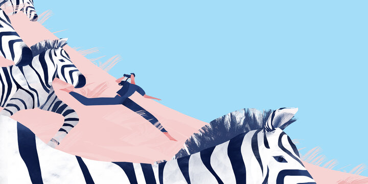a happy wildlife photographer is following zebras in the Serengeti