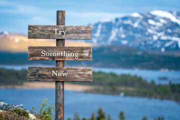 try something new quote written on wooden signpost outdoors in nature during blue hour. Mountain scenery background.