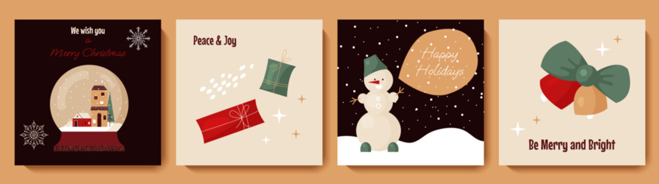 Merry Christmas and Happy New Year greeting cards set with holidays elements in cartoon style. Xmas design for postcard, invitation, social media post template. Vector illustration