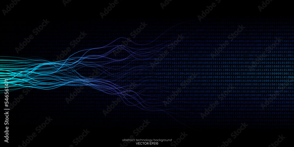 Aufkleber Vector abstract technology background wavy neural network lines and binary code texture background by blue green light on black for banner in concept digital, technology, big data, computer, science.