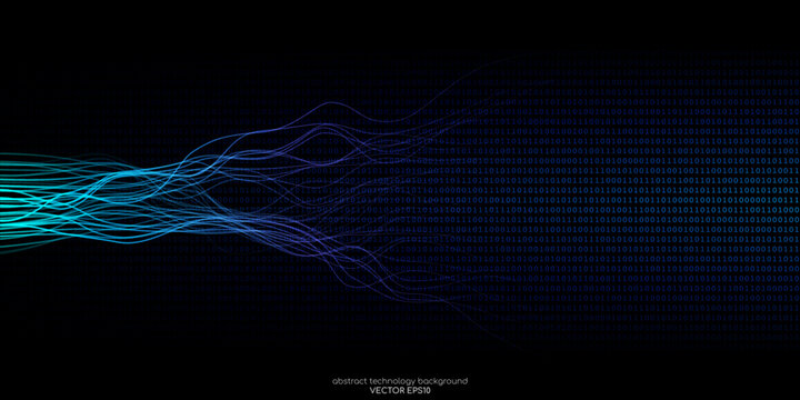 Vector abstract technology background wavy neural network lines and binary code texture background by blue green light on black for banner in concept digital, technology, big data, computer, science.
