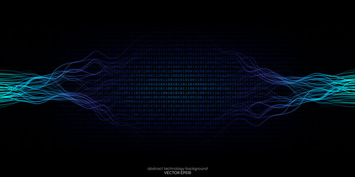 Vector Abstract Technology Background Wavy Neural Network Lines And Binary Code Texture Background By Blue Green Light On Black For Banner In Concept Digital, Technology, Big Data, Computer, Science.